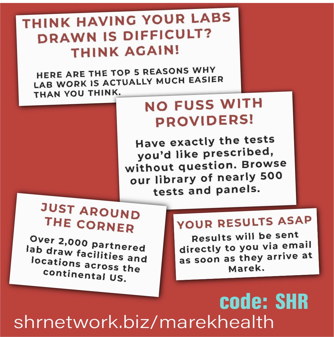 SHRNetwork's tweet image. Think having your labs drawn is difficult? Think again!

learn more and SAVE with code: SHR
shrnetwork.biz/marekhealth

#abs #bloodwork #blooddraw #bloodtest #testresults #confidential #onlinetest #testosterone #hormonebalance #hormoneoptimization