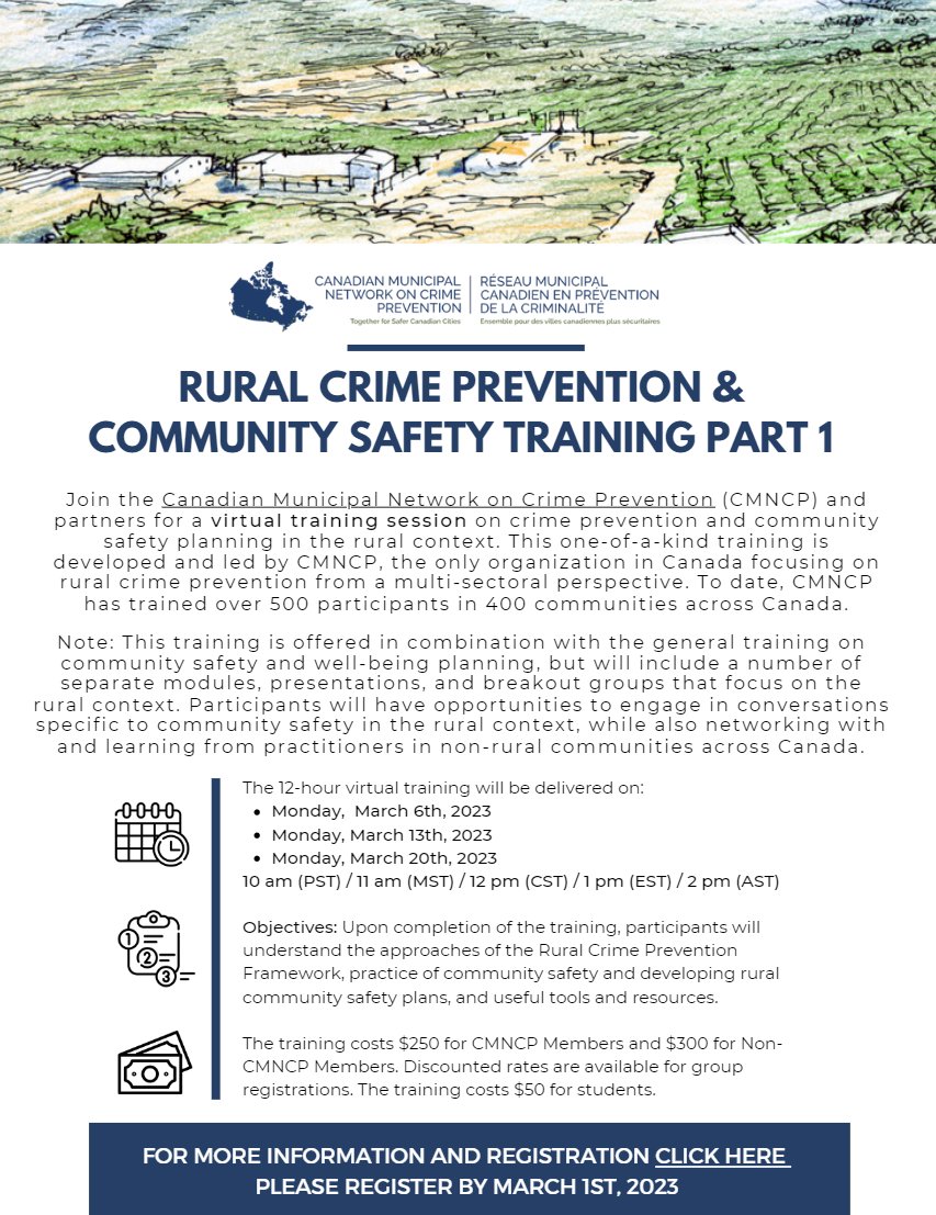 CALLING RURAL COMMUNITIES! 📢

Join us for a virtual training session on Rural Crime Prevention &amp; Community Safety developed by CMNCP, the only national organization focusing on rural crime prevention from a multi-sectoral perspective!

Register here: buff.ly/3MIW7MS