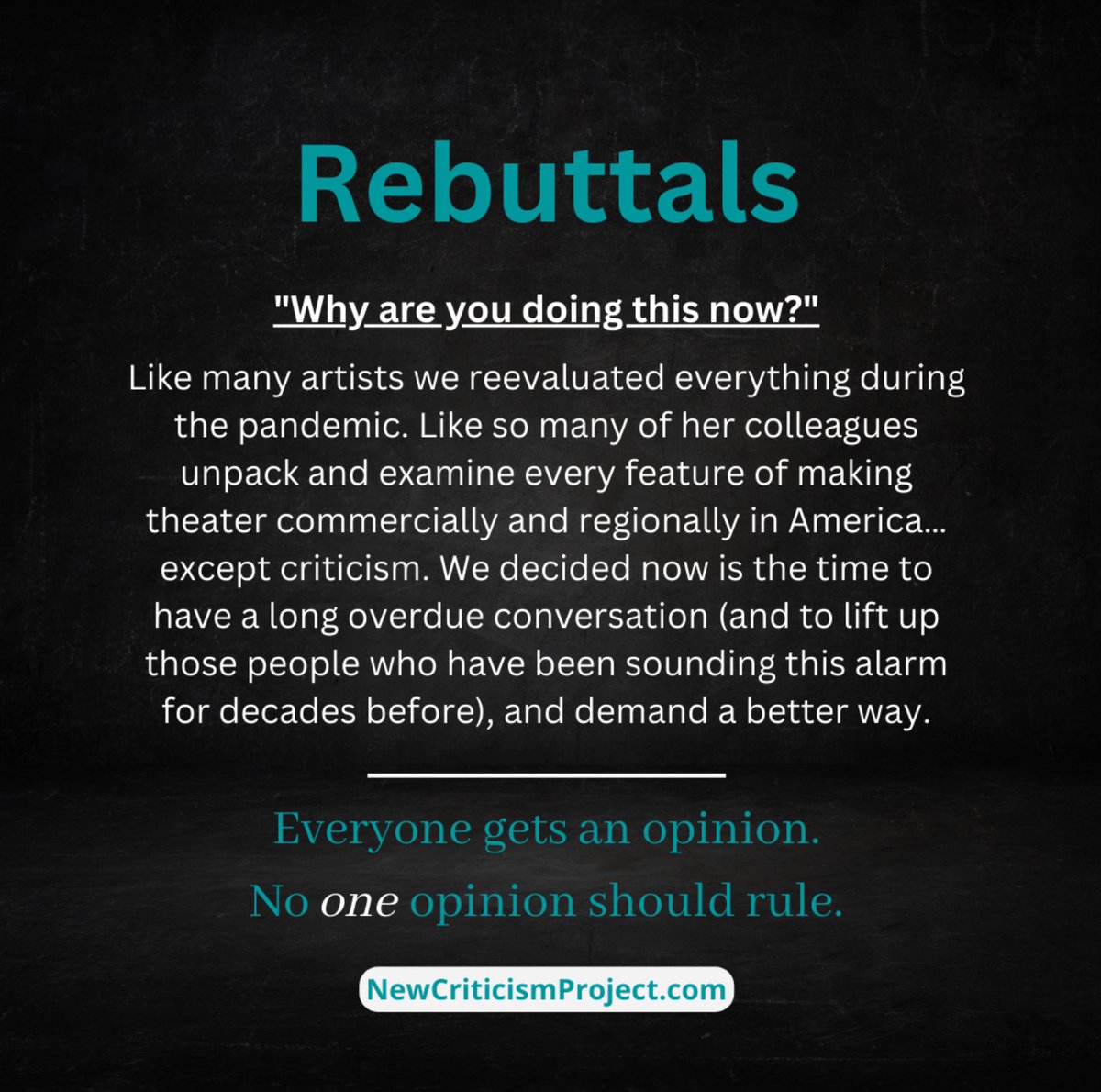 NewCriticismPro's tweet image. “Now is the time.”

Theatre is reevaluating itself. So should theatre criticism.

These are some of our rebuttals to responses we expect to come up to our work at #NewCriticismProject. 

Change is possible.