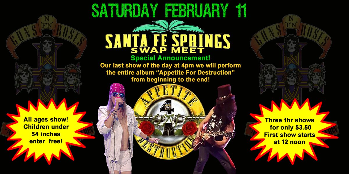 A4Destruction's tweet photo. We're celebrating the Album "Appetite for Destruction" by performing all songs in order. You won't want to miss this show!
*
#SFSSM #santafespringsswapmeet #santafesprings #losangelesmusicscene #ocmusicnews #ocmusicians #ocmusic #ocmusicfriends #fullertonmusicscene #lamusicscene https://t.co/ZMWJDs5KfK