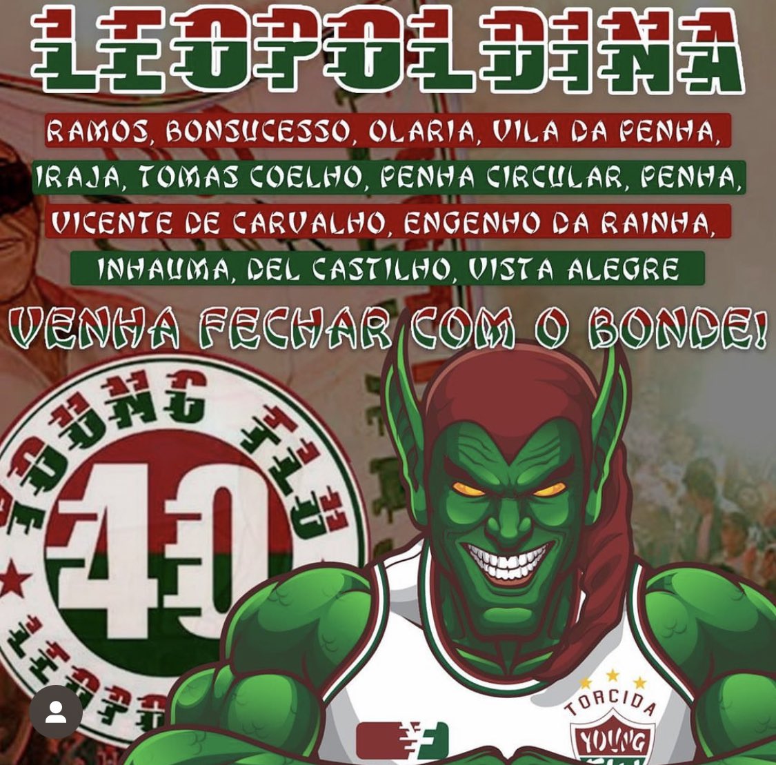 ESTAMOS DE VOLTA!!!!

Venha fazer parte do Bonde dos 40!

Se você mora em alguns desses lugares abaixo e torce pro Fluminense, venha ser um de nós!! 

Pessoal de Brás de Pina, Vigário Geral, Jardim América e Complexo da Maré também são bem vindos!  🤜🏽🤛🏽🇭🇺