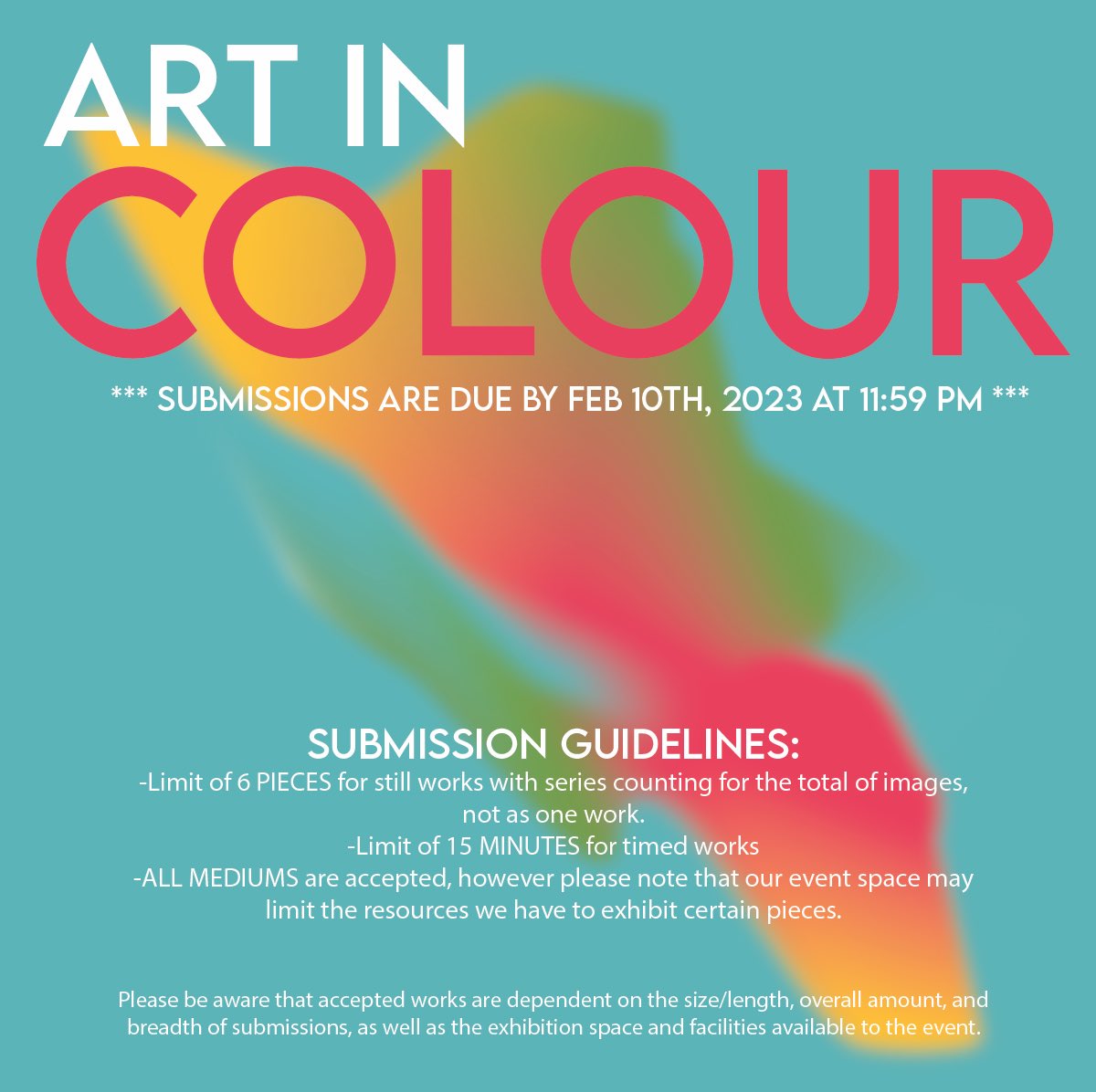 We're now accepting submissions for Art in Colour, the art show showcasing BIPOC artists at IMA. 
We are accepting art in all visual art disciplines (Film, Photography, Sculpture, etc).

Submissions are due on Feb 10th, 2023 at 11:59PM. 
Submit through the Google Form in our bio!