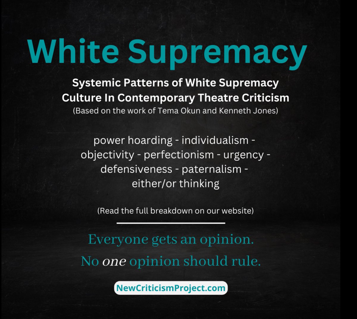NewCriticismPro's tweet image. Let’s talk about it. 

So many tactics that uphold White Supremacy are on display in our current model of theatre criticism. 

Change is possible.