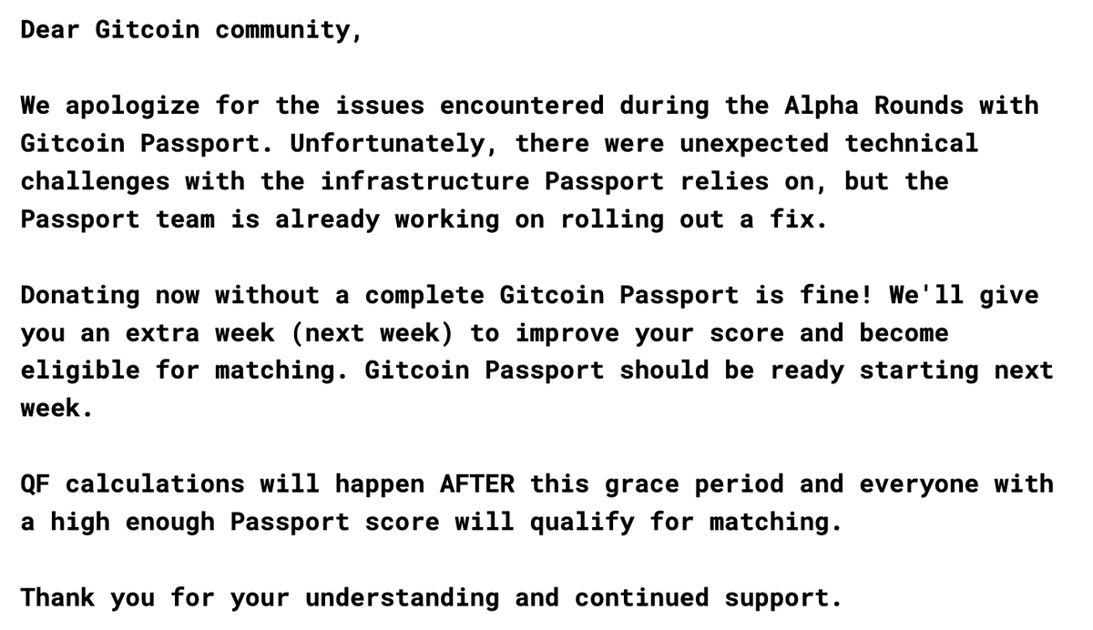 gitcoin's tweet photo. ❗️If you are donating to our Alpha Round and currently experiencing difficulties with Gitcoin Passport, please read below 👇 https://t.co/PG4z8REvY6