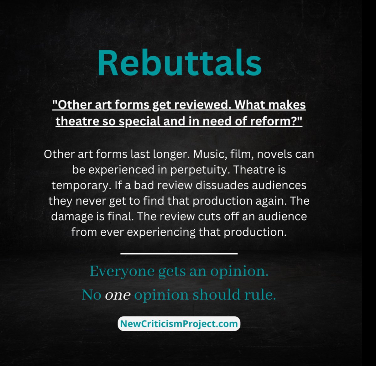 NewCriticismPro's tweet image. “Theatre is temporary.
The damage is final.”

These are some of our rebuttals to responses we expect to come up to our work at #NewCriticismProject. 

Change is possible.