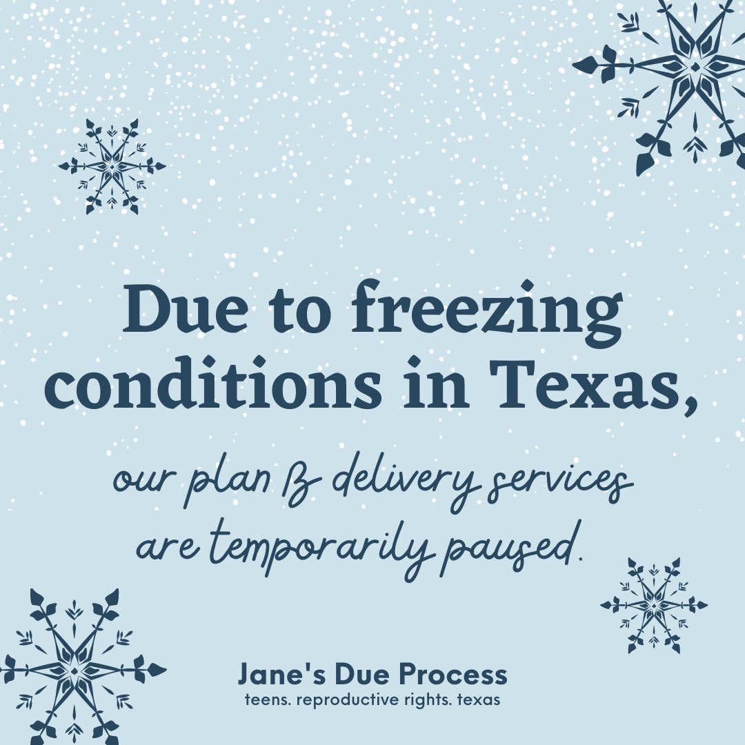 JanesDueProcess's tweet photo. Our repro kit deliveries in Lubbock, Bryan/College Station, and San Angelo are paused for the day because it's freezing in Texas. 

Stay safe and warm, y'all! We'll resume when it's safe to drive. https://t.co/VoJg5741Co