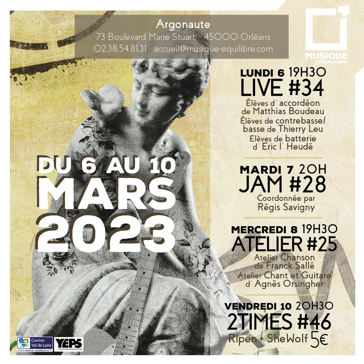 Musiquequilibre's tweet photo. 🔥Après février, place à la semaine de concerts de mars !

📅On vous attend nombreux du 6 au 10 mars à l'Argonaute ! https://t.co/wyqhrQalUW