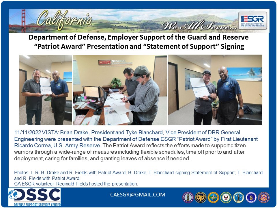California ESGR (@ca_esgr) on Twitter photo <a href="/CA_ESGR/">California ESGR</a> is catching up with the efforts of our amazing volunteers and the patriotic employers and citizen warriors who protect our freedom.
Sharing a #PatriotAward presentation & #StatementofSupport signing on 11/11/22, also known as Veterans Day.
#VolunteerESGR #CAESGR <a href="/CA_ESGR/">California ESGR</a> is catching up with the efforts of our amazing volunteers and the patriotic employers and citizen warriors who protect our freedom.
Sharing a #PatriotAward presentation & #StatementofSupport signing on 11/11/22, also known as Veterans Day.
#VolunteerESGR #CAESGR