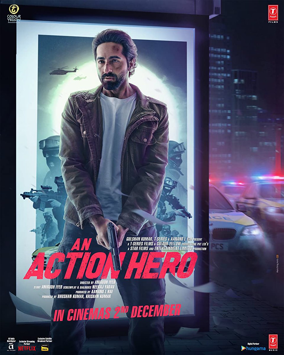 An Action Hero (3.25/5🌟)
Hindi (2022) (U)
Don't search for logics, just go with the movie flow..Screenplay was a bit off...It could have been much better...Songs were decent but BGMs were well composed...
Available in @NetflixIndia 
#AnActionHero #AyushmannKhurrana