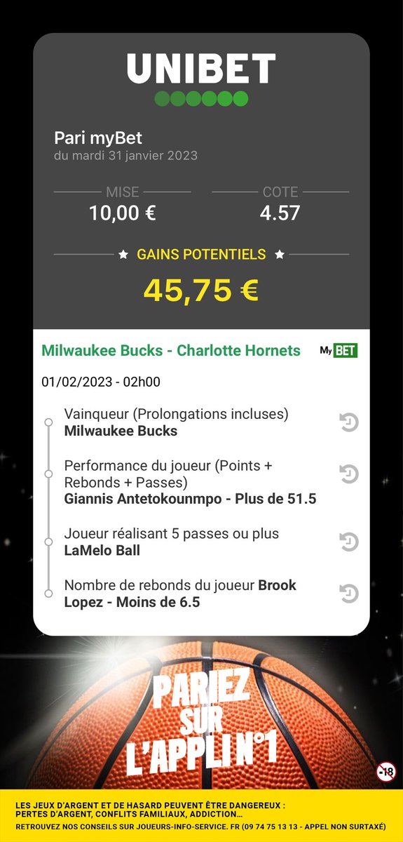 UnibetFrance's tweet photo. 🆕 𝗠𝗬𝗕𝗘𝗧 𝗕𝗔𝗦𝗞𝗘𝗧 🏀

🙌 Crée ton pari basket en intégrant maintenant les performances joueurs (points, rebonds, passes) sur un même match 🔥

📲 Voici le #MyBET du CM ! 10 x 20€ de Freebets dans les RT si ça ne passe pas 😉 https://t.co/sADPUrXfRC