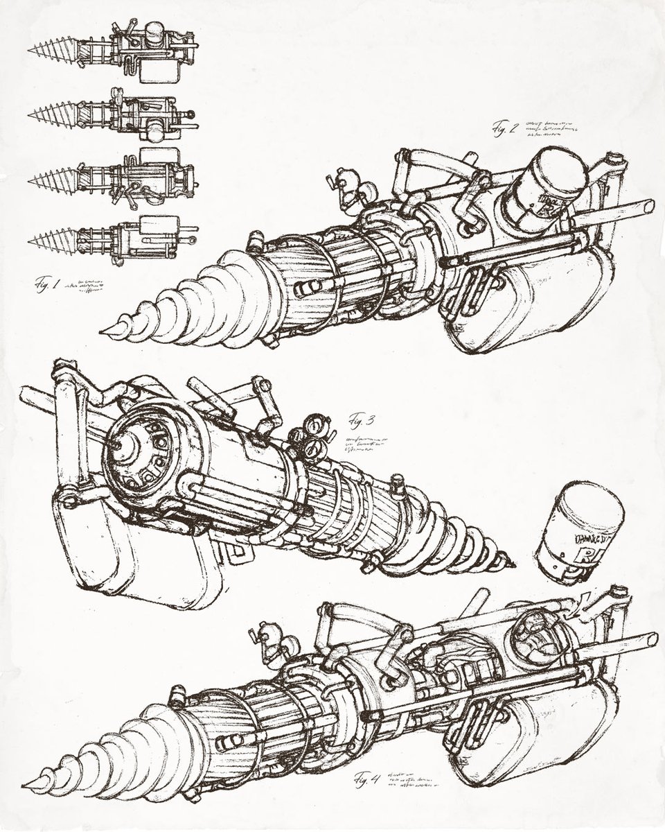 A steam-powered expandable drill design. I like the black &amp; white sketch alot more.

Designing mech stuff is really fun for me, but I feel I could have done better on this. I think the lineart wasn't clean enough making the colored finish too muddy looking. #conceptart #steampunk