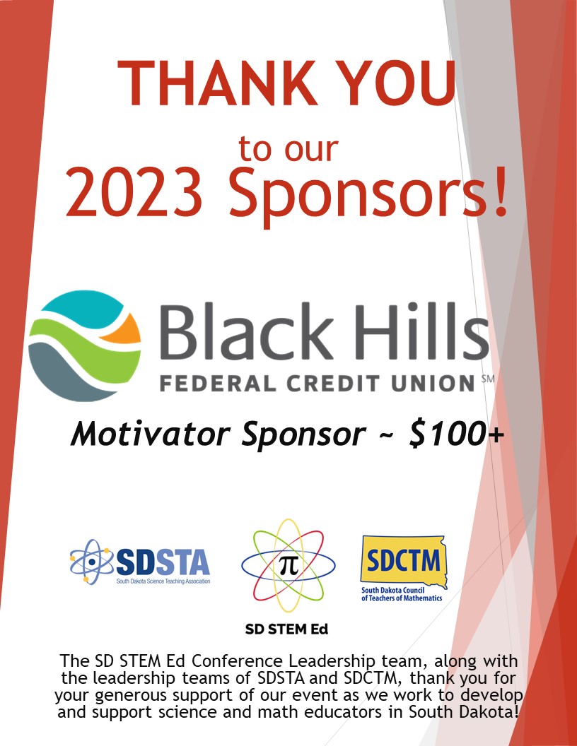 SDSTA's tweet photo. Today we are featuring our MOTIVATOR Sponsors (+$100)! 
Many thanks to #NorthwesternEnergy, @BlackHillsFCU , and #GoldenWestTelecommunications! We appreciate your support of STEM Education in South Dakota! 👩‍🔬⚡ https://t.co/k0eSzLFzyW