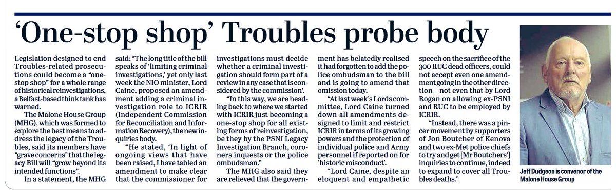 MaloneHouseGrp's tweet photo. Malone House Group statement on the House of Lord committee stage debate today on the Legacy Bill. Published in @News_Letter this morning.

Amendments from Baroness @CatharineHoey, Lord Bew and Lord Godson are tabled for discussion. https://t.co/GRzF91sqJ6