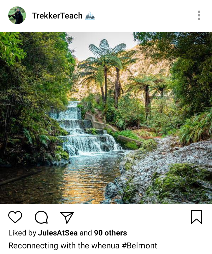 Ed's IG. Photo of the waterfall. Caption reads "Reconnecting with the whenua" #Belmont