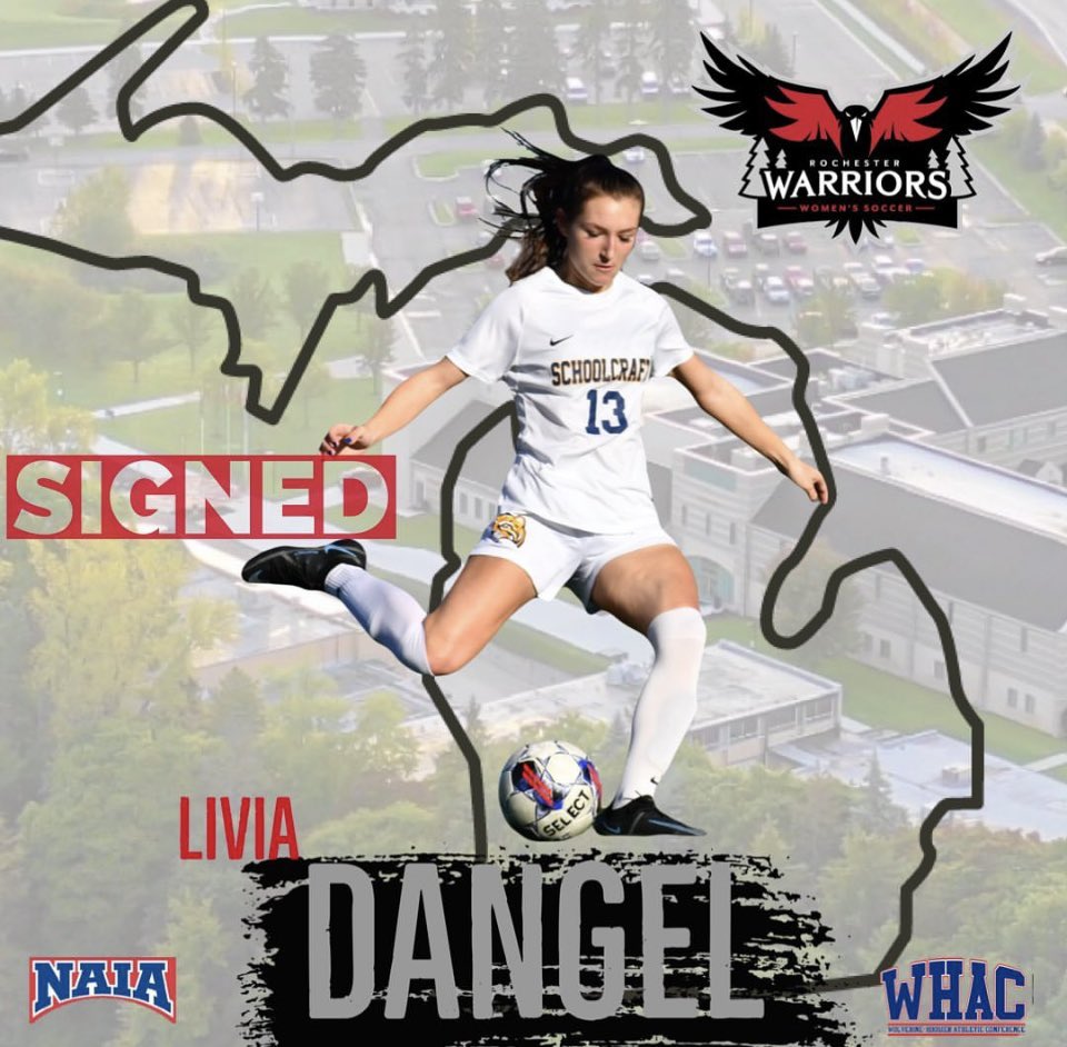 SchoolcraftWSOC's tweet photo. Congratulations to our All-American Centerback Livia Dangel on her commitment to Rochester University. 

Liv was named to the All-NJCAA National Tournament team in Tucson, AZ this past fall. #jucopathway #ocelotpride https://t.co/R5ejUDaPeV