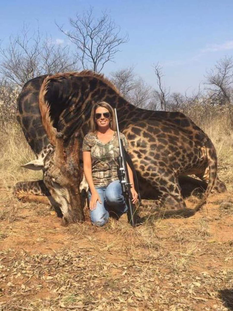 . . Why is she happy and smiling? The poor ANIMAL is gone!  🌿 🦒 ☹  #BanTrophyHunting now!