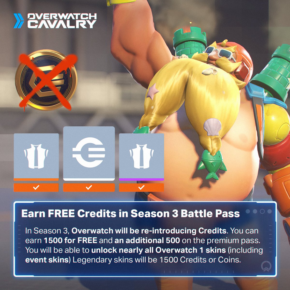 OWCavalry's tweet photo. HUGE Changes to Monetization in #Overwatch2 Season 3 💰

🪙 Overwatch Credits make their return
🎫 Earn up to 1500 Credits for FREE
✨ Event cosmetics available all year round
💵 Cost of Legendary Skins Reduced (1500)

📰 Read More: https://t.co/4aTQyXmWzf https://t.co/OckpDM1nVf
