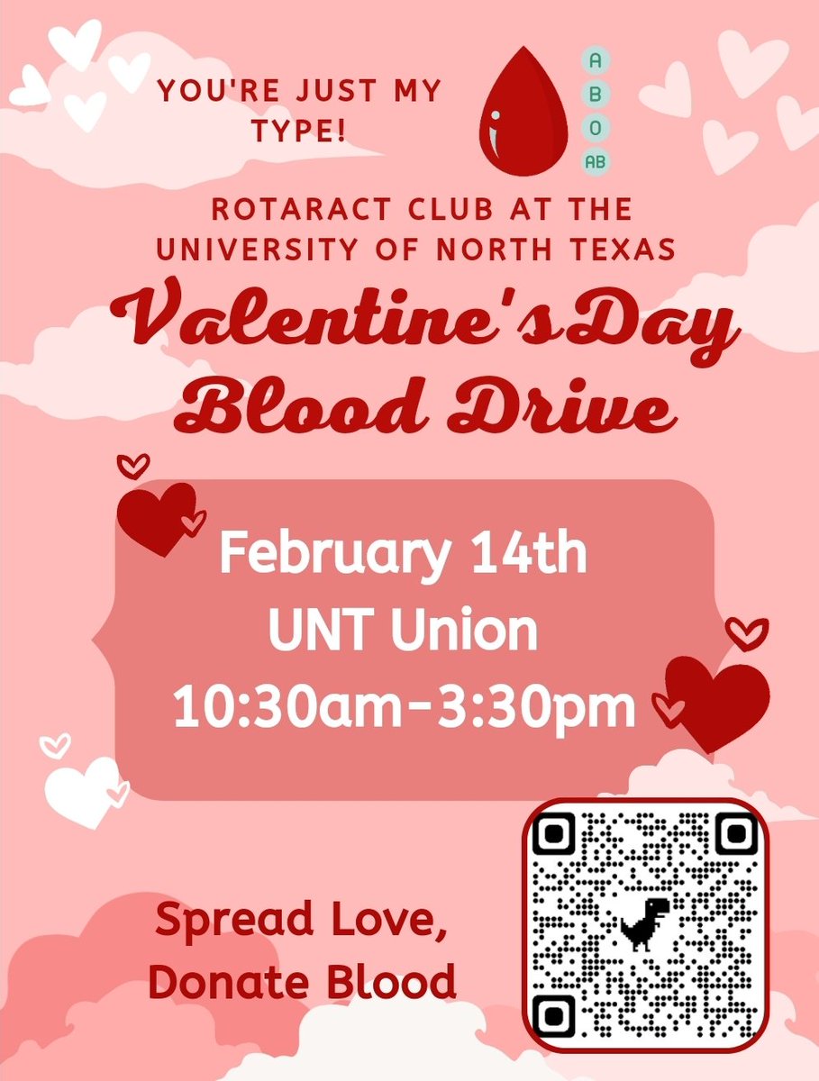 Hello everyone! On Valentine's Day or Tuesday, Feb 14th we will be having a Carter BloodCare Blood Drive from 10:30am-3:30pm outside of the UNT Union. Scan the qr or check out the link in our bio to register to donate!