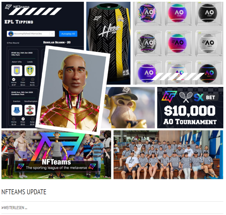NFT_Blog_Ger's tweet image. Wir haben einen neuen Bericht auf unserem NFT Blog veröffentlicht, der erste in diesem Jahr. Natürlich geht es um unser Lieblingsprojekt @NFTeams_  
Schaut auf unserer Homepage vorbei um zu erfahren was sich bei NFTeams alles getan hat
#NFTeams #nftblog #sportsnft #sxbet