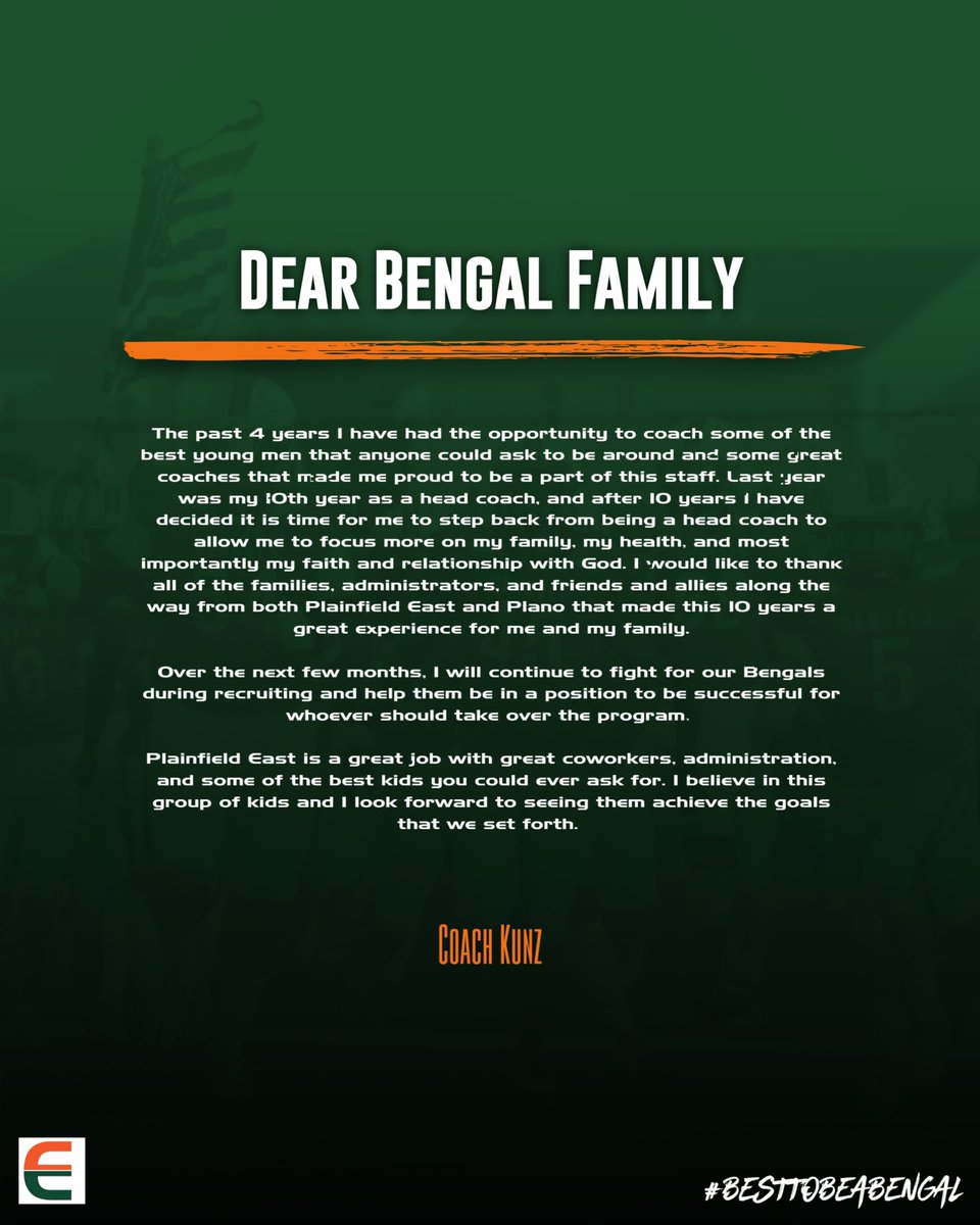 <a href="/BengalFB/">Bengalathletics_FB</a> has been very good to me the last 4 years. After 10 years of being a head coach, I will be stepping down from that position. Thanks to everyone who has been a part of this journey. #NoBreaksTilState
