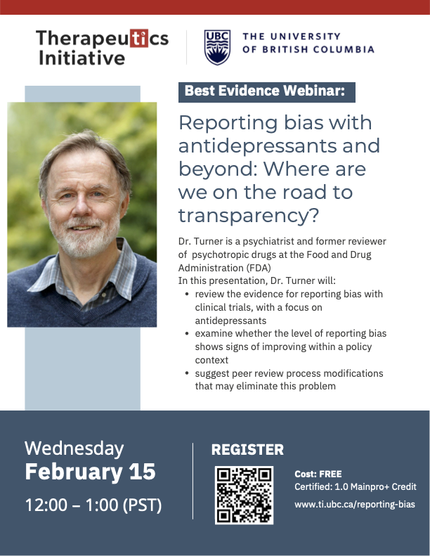Drug_Evidence's tweet photo. 🚨Our Feb 15 TI Best Evidence webinar examines reporting bias with #Antidepressants 💊
⚠️ Evidence for #ReportingBias in clinical trials
🧑🏽🏫 Modifying #PeerReview process to address reporting bias
📢 Speaker Dr Erick Turner
🖊️Register https://t.co/rFuLRMn7oU
#MedEd #CME @pash22 https://t.co/3WFkF3GuUH