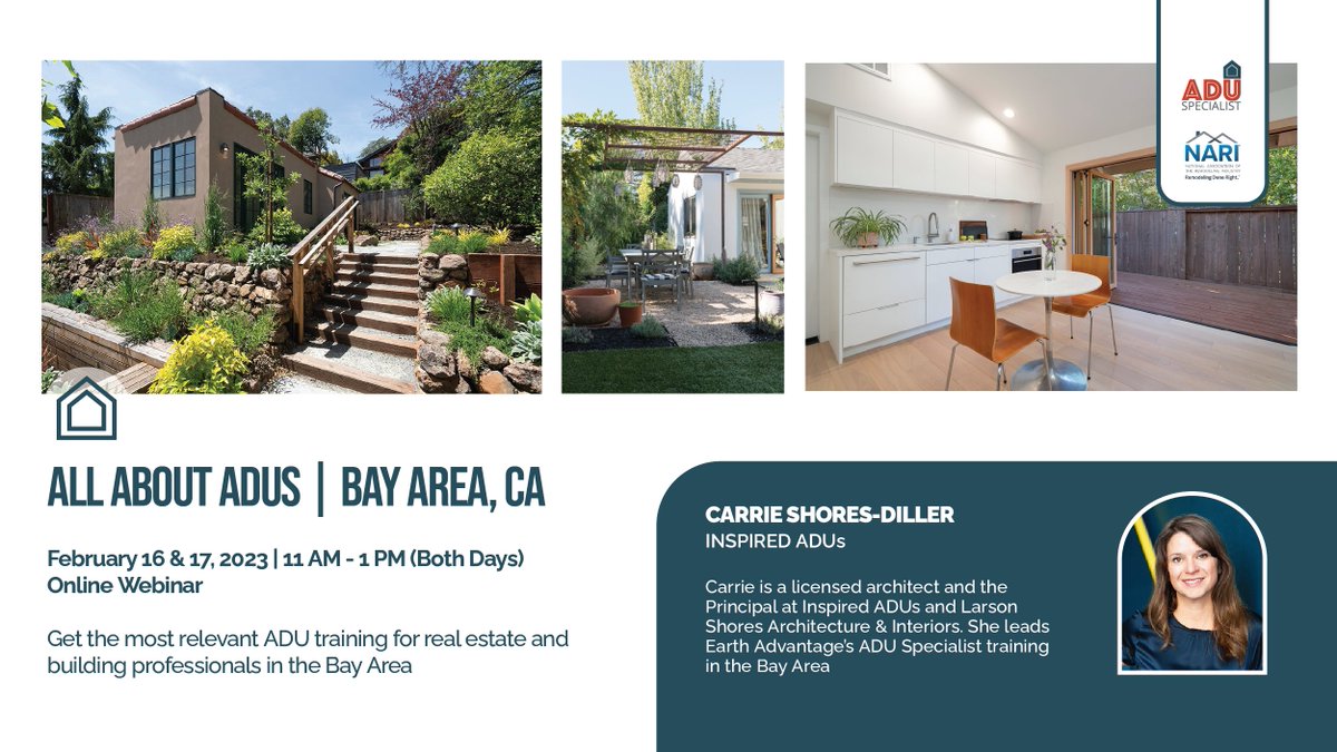 EarthAdvantage's tweet photo. Want a convenient way to learn more about ADUs? Sign up for our online webinar and learn everything you need to know about ADUs in the Bay Area. https://t.co/3B1Hy5UXIX #bayarea #adus #onlinewebinar #webinar #continuingeducation #greenbuilding https://t.co/X8NmQIeODq