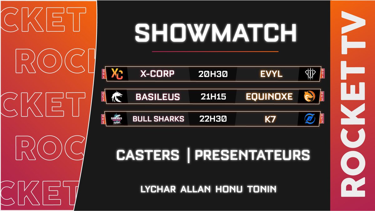 RocketTVoff's tweet photo. 🔴AU PROGRAMME DE CE SOIR!!
⚔️6 équipes vont s’affronter en BO5 lors de 3 #Showmatchs à partir de 20h30.
Rendez vous ici ⬇️
📡https://t.co/ompx2ksVlW https://t.co/Z81YpHMWno