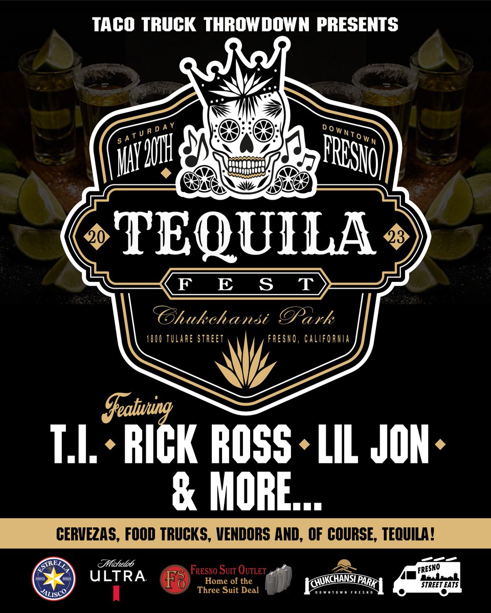 Tequila. Tacos. Throwbacks.  

Taco Truck Throwdown presents… 𝐓𝐄𝐐𝐔𝐈𝐋𝐀 𝐅𝐄𝐒𝐓 at <a href="/ChukchansiPark/">Chukchansi Park</a>, featuring <a href="/Tip/">T.I.</a>, <a href="/RickRoss/">Yung Rénzél 👑</a>, <a href="/LilJon/">LILJON</a>, &amp; MORE!

The #TequilaFest party kicks off on May 20th!

Learn more ➡️milb.com/fresno/press-r…