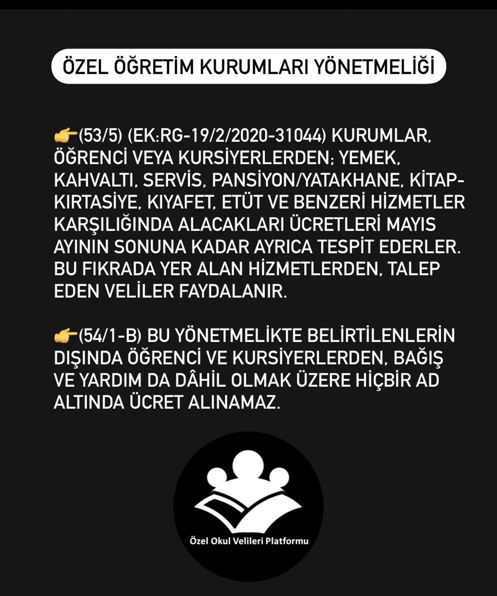 OzelVelileri's tweet photo. 👉ÖÖKY’de açıkça yemek,etüt,kırtasiye vb ek hizmetlerden isteyen veli faydalanır demesine rağmen özel okulların pek çoğu yönetmelik tanımayarak ek hizmetleri,fahiş zamlarla veliye dayatarak zorunlu tutuyor❗️
@aydinagaoglu @tcmeb @tcbestepe @RTErdogan #KanunNetMebNedenSessiz https://t.co/4dGCrENl68