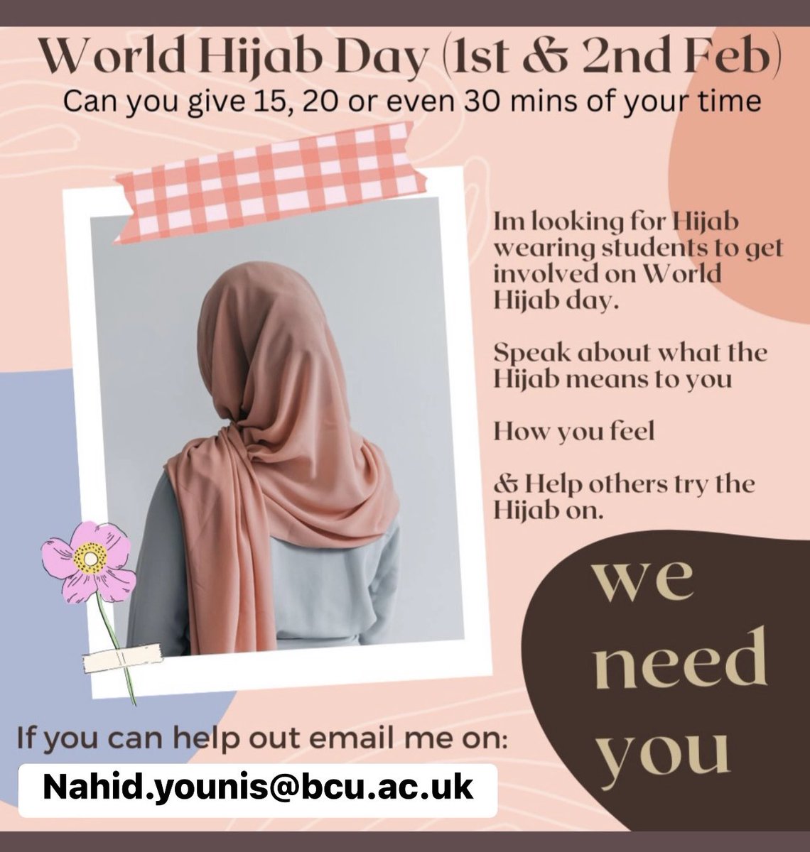 NAHID YOUNIS (@nahid_younis) on Twitter photo Tomorrow is World Hijab Day!
We will be in the foyer by Costa, come and tell us what the Hijab means to you, how it makes you feel and help others to wear the Hijab for the day.
<a href="/BCUHELS/">BCU HELS</a> <a href="/BCUAdultNursing/">BCU Adult Nursing</a> <a href="/BCURNApprentice/">BCU Nurse Degree Apprenticeship</a> <a href="/BCUNeonate/">BCU Neonatal</a> <a href="/BCU_CYPnursing/">BCU_CYPnursing</a> <a href="/TNA_BCU/">BCU Nursing Associates</a> <a href="/BCUMidwives/">BCUMidwives</a> Tomorrow is World Hijab Day!
We will be in the foyer by Costa, come and tell us what the Hijab means to you, how it makes you feel and help others to wear the Hijab for the day.
<a href="/BCUHELS/">BCU HELS</a> <a href="/BCUAdultNursing/">BCU Adult Nursing</a> <a href="/BCURNApprentice/">BCU Nurse Degree Apprenticeship</a> <a href="/BCUNeonate/">BCU Neonatal</a> <a href="/BCU_CYPnursing/">BCU_CYPnursing</a> <a href="/TNA_BCU/">BCU Nursing Associates</a> <a href="/BCUMidwives/">BCUMidwives</a>
