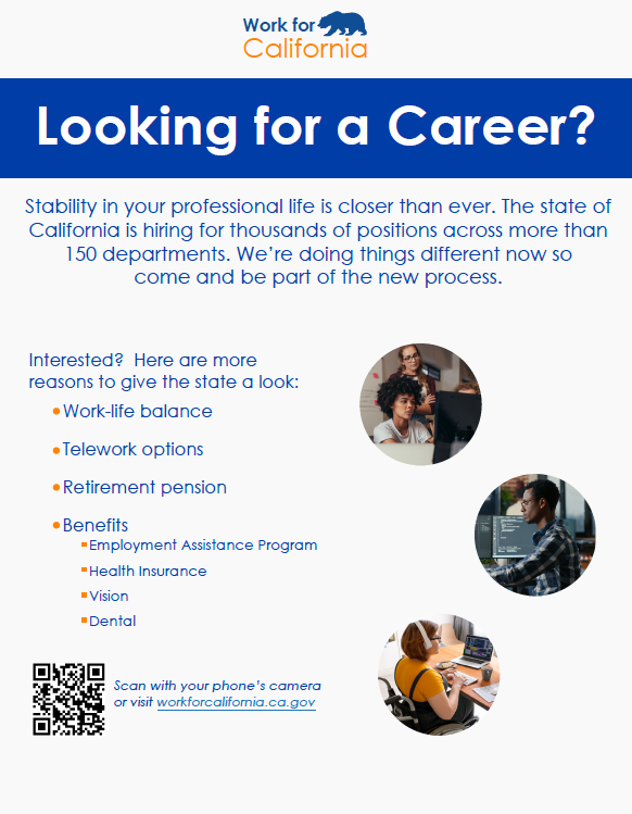 CA_DRE's tweet photo. The State of California is hiring for thousands of positions across 150+ departments! Learn more at https://t.co/Lvl4uLna8Q.
#work4ca #workforcalifornia https://t.co/v5mNNb9QK7