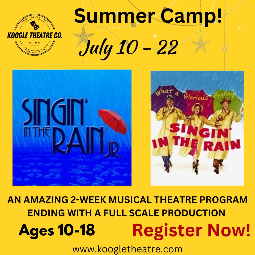 Auditions will be in April. Exciting 2 week summer camp July 10-22, ending with a production of Singin’ in the Rain!