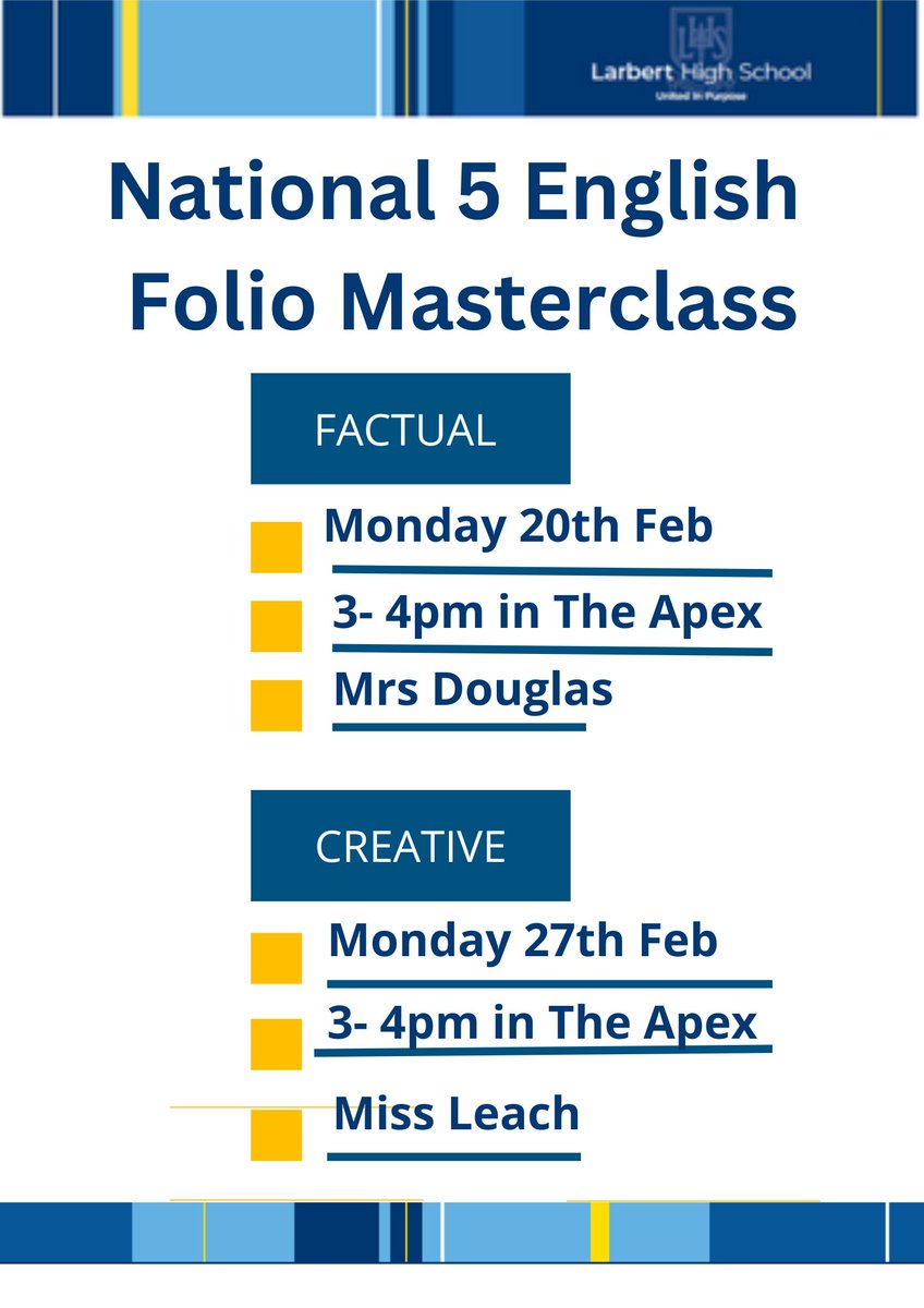 Larbert High School (@larberthigh) on Twitter photo National 5 and Higher English Masterclasses!
We are offering masterclasses to help you polish up your N5 and Higher Folio, as well as for Higher RUAE. All N5/Higher pupils welcome. For more information speak to <a href="/LHS_English/">Larbert High English</a> or <a href="/MrsWaterfall_/">Mrs Waterfall 📚</a>
<a href="/S4LHSYT/">S4 Year Team</a> <a href="/S5LHSYT/">S5 Year Team</a> <a href="/S6LHSYT/">S6LHSYT</a> National 5 and Higher English Masterclasses!
We are offering masterclasses to help you polish up your N5 and Higher Folio, as well as for Higher RUAE. All N5/Higher pupils welcome. For more information speak to <a href="/LHS_English/">Larbert High English</a> or <a href="/MrsWaterfall_/">Mrs Waterfall 📚</a>
<a href="/S4LHSYT/">S4 Year Team</a> <a href="/S5LHSYT/">S5 Year Team</a> <a href="/S6LHSYT/">S6LHSYT</a>