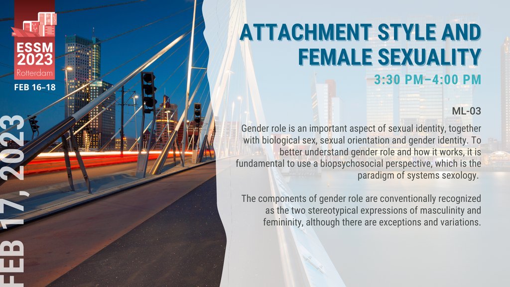 This masterlecture will focus on differences in attachment style and repercussions on female sexuality.

Join Marieke Dewitte, Charmaine Borg and Esther van der Berg at #ESSM23: essm-congress.org/registration/

#ESSM #gender #femalesexuality