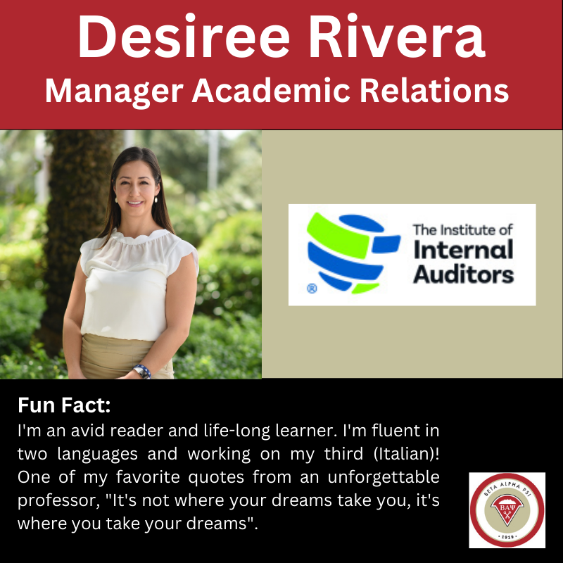 _BetaAlphaPsi's tweet photo. #ProfessionalPartnerTuesday is an opportunity for BAP members to learn about the Professional Partners that support Beta Alpha Psi. This week we are spotlighting Desiree Rivera with The Institute of Internal Auditors (IIA): https://t.co/ezJJkQ8fCb https://t.co/UY9HtUOBCl