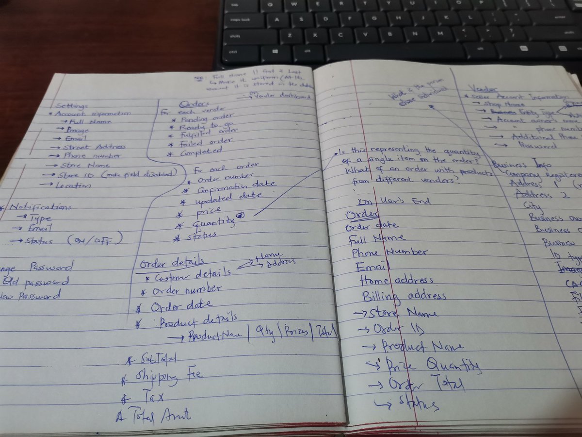 ehoneahobed's tweet image. Software Engineering isn't only about writing code.
 A lot of planning, brainstorming, whiteboarding before we even think about writing a single line of code.
Here is my note where I am brainstorming the database structure for a multi-vendor e-commerce platform