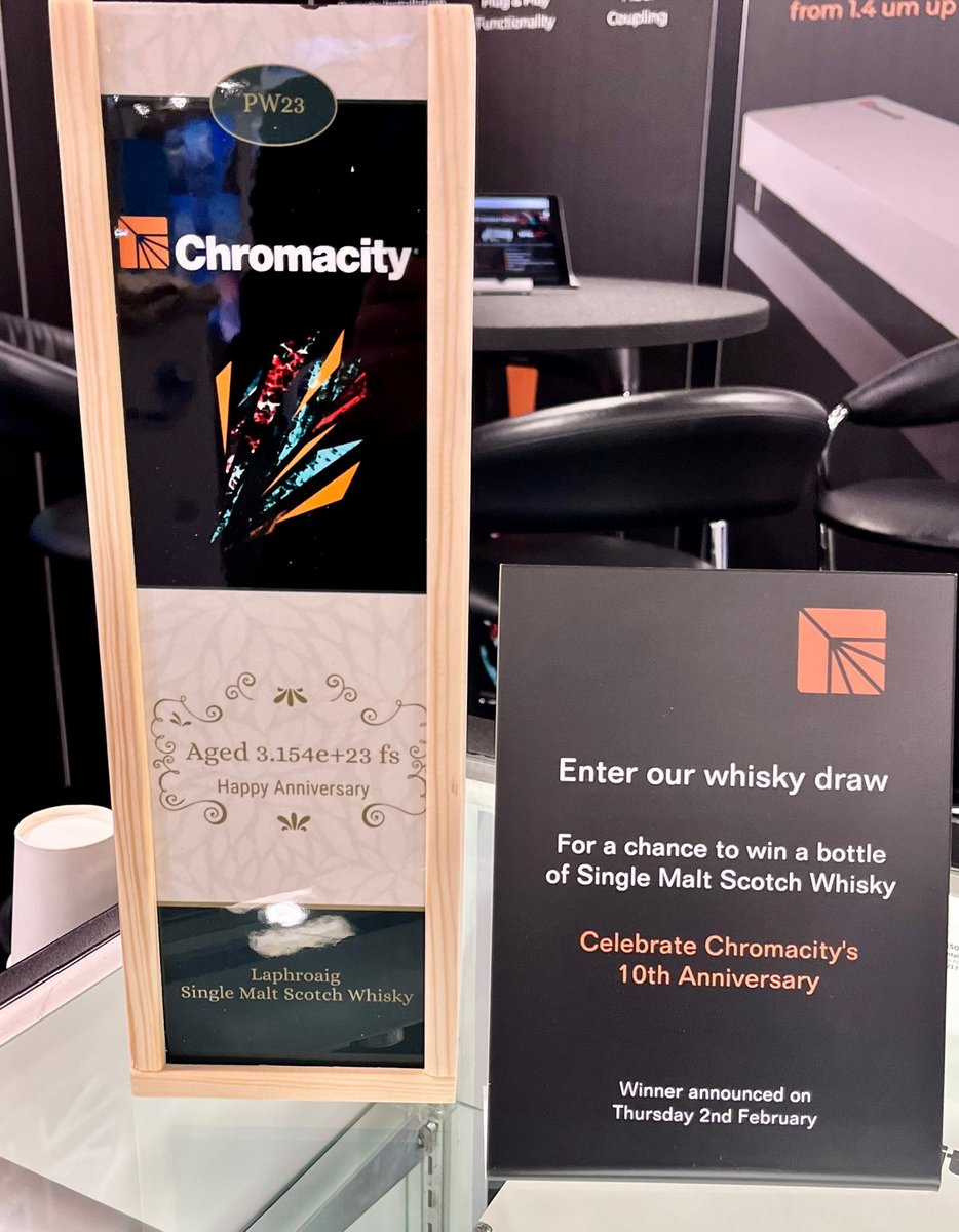Chromacity (@chromacityltd) on Twitter photo In celebration of our 10-year anniversary, one lucky <a href="/PhotonicsWest/">SPIE Photonics West</a> delegate is going to walk away with an excellent bottle of #whisky!
Get down to booth 5129 for your chance to win!
#PhotonicsWest In celebration of our 10-year anniversary, one lucky <a href="/PhotonicsWest/">SPIE Photonics West</a> delegate is going to walk away with an excellent bottle of #whisky!
Get down to booth 5129 for your chance to win!
#PhotonicsWest