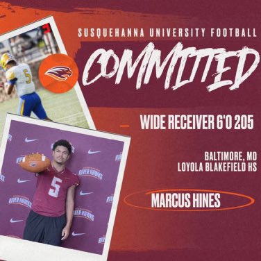 Marcus Hines (@mhines2023) on Twitter photo Extremely excited to announce my commitment to Susquehanna University!!!! <a href="/AnthonyZehyoue/">Anthony Zehyoue</a> <a href="/TouchdownDons/">Loyola Blakefield Football</a> <a href="/CoachGaines_1/">Shane Gaines</a> <a href="/SURiverHawksFB/">Susquehanna Football</a> <a href="/CoachTateSchorr/">Coach Schorr</a> Extremely excited to announce my commitment to Susquehanna University!!!! <a href="/AnthonyZehyoue/">Anthony Zehyoue</a> <a href="/TouchdownDons/">Loyola Blakefield Football</a> <a href="/CoachGaines_1/">Shane Gaines</a> <a href="/SURiverHawksFB/">Susquehanna Football</a> <a href="/CoachTateSchorr/">Coach Schorr</a>