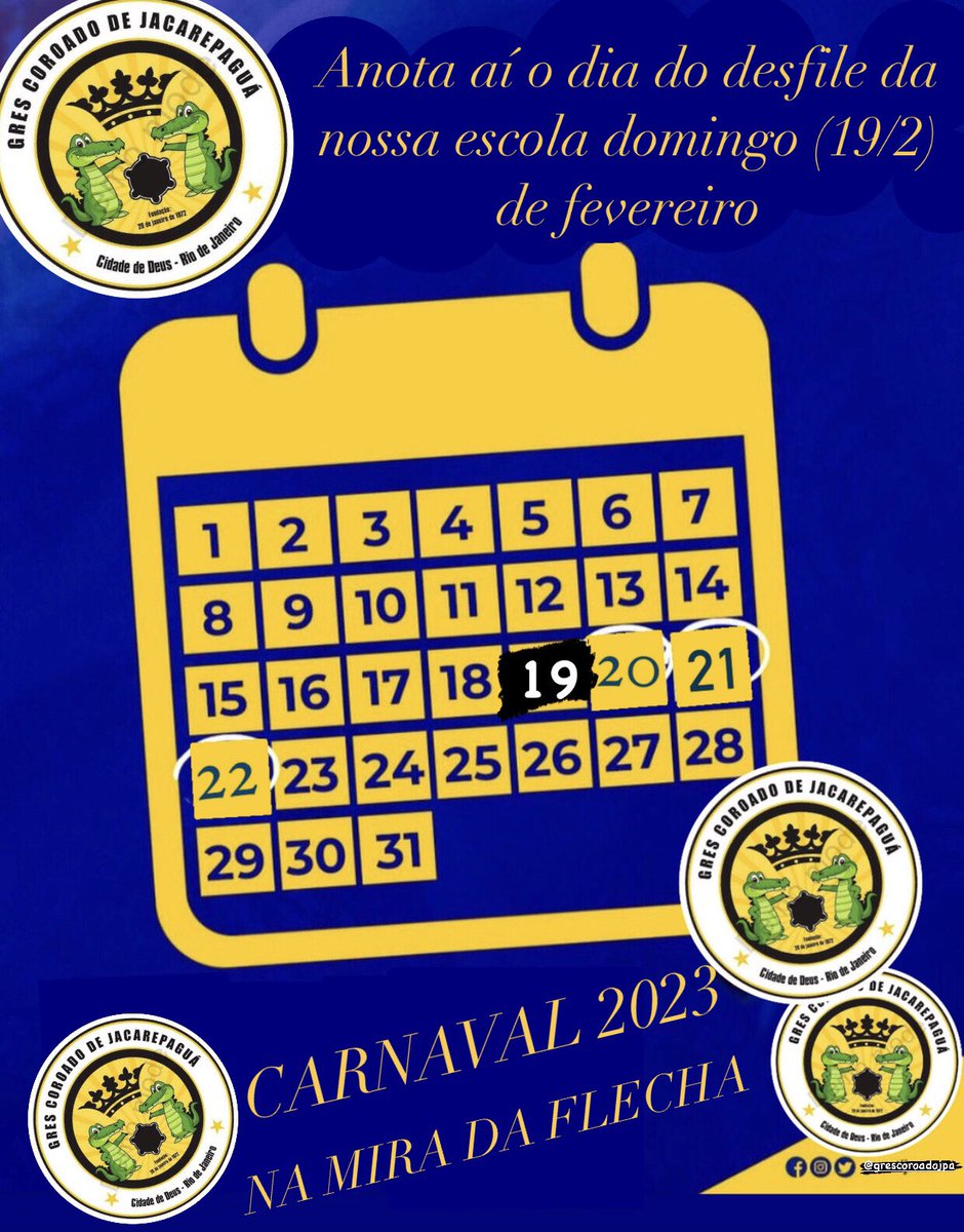 coroadojpa's tweet photo. Anota aí o dia do desfile da nossa escola domingo (19) de fevereiro  de 2023 

Concentração dos ônibus será às 20h00 na quadra https://t.co/Sx2vHPY7HV