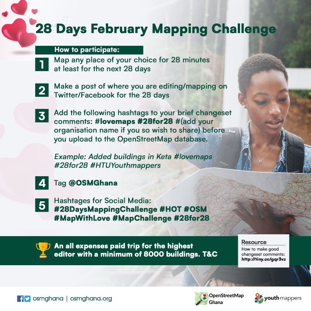 We are in that 💝beautiful #28for28 campaign season again, and it's all about #MappingWithLove. Join us tomorrow, 1st February to #MapWithLove for 28 minutes for the next 28 days and stand a chance to win amazing gifts 🎁🎉
#28DaysMappingChallenge #HOT #OSM