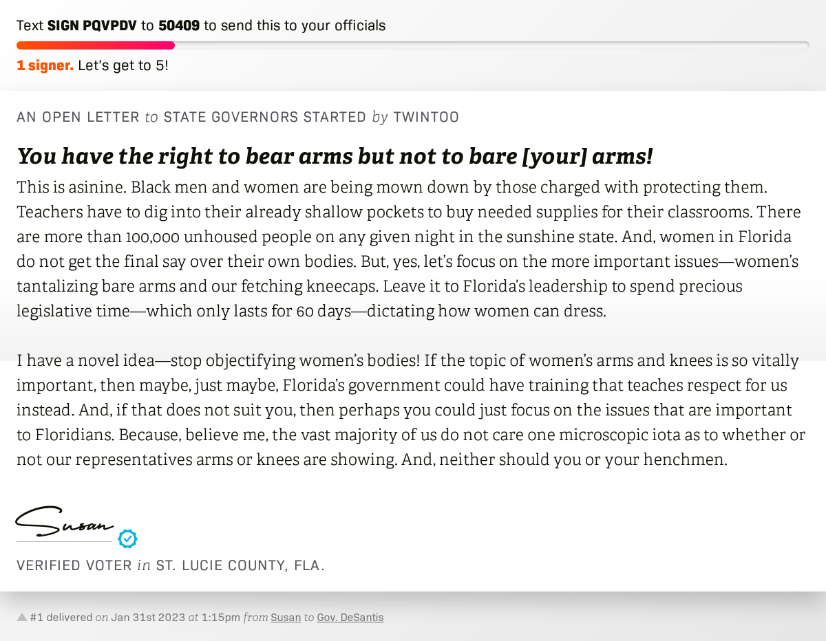 openletterbot's tweet photo. 🖋 Sign You have the right to bear arms but not to bare [your] arms! and I'll deliver a copy to your officials: https://t.co/ola9lcAMzr  📨 No. 1 is from @twinthingtoo to @RonDeSantisFL  #sayfie #flapol https://t.co/o9j3bMyQ93