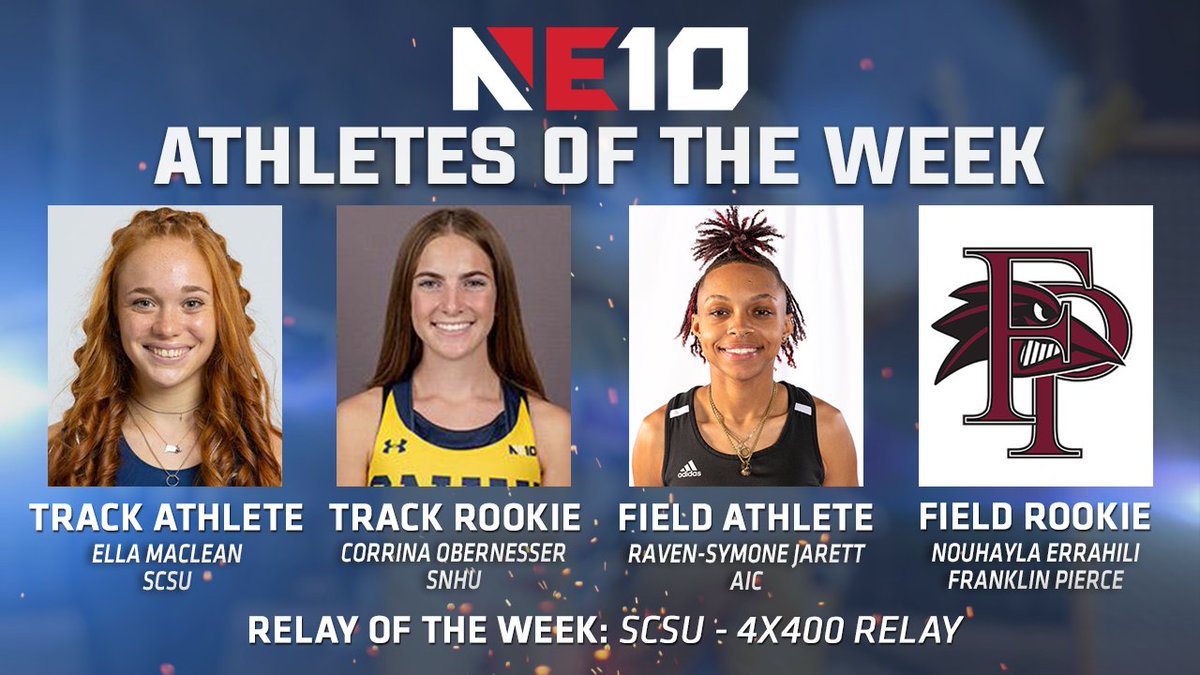 𝐖𝐎𝐌𝐄𝐍'𝐒 𝐈𝐍𝐃𝐎𝐎𝐑 𝐓𝐑𝐀𝐂𝐊 &amp; 𝐅𝐈𝐄𝐋𝐃 𝐑𝐄𝐏𝐎𝐑𝐓 - 𝐖𝐄𝐄𝐊 𝟓

.<a href="/aicathletics/">AIC Athletics</a>, <a href="/FPUathletics/">Franklin Pierce Ravens</a> and <a href="/SCSU_Owls/">SCSU Athletics</a> earn honors while <a href="/snhupenmen/">SNHU Athletics</a> Corrina Obernesser repeats as Track Rookie of the Week!

🔗: bit.ly/3YaqJeH

#NE10EMBRACE #NCAAD2 #D2WTRACK