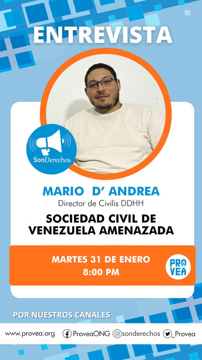 _Provea's tweet photo. ¿Qué es el nuevo Proyecto de Ley contra las ONG en Venezuela? ¿Cómo te afecta? ¿Qué sigue?

Hoy martes #31Ene conversamos con Mario D'Andrea (@CivilisDDHH) sobre las implicaciones #SociedadAmenazada.

🎙️ Nuevo #SonDerechos 
👉 8:00 PM https://t.co/qiDkokqhqJ