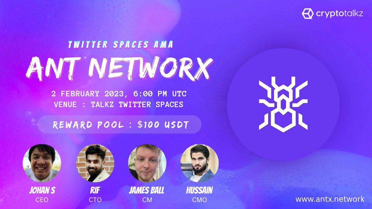 Crypto Talkz (@cryptotalkzinfo) on Twitter photo 🎙️We are excited to announce our next #TwitterSpaces AMA with AntNetworX on 2nd Feb at 6 PM UTC
💰Reward : $100 USDT
🏠Venue : x.com/i/spaces/1MYxN…
🚨Set Reminder🚨
〽️Rules
1⃣ Follow <a href="/AntNetworX/">AntNetworX</a> & <a href="/CryptoTalkzInfo/">Crypto Talkz</a>
2⃣ Like & Retweet
3⃣ Comment Questions & Tag 3 Friends 🎙️We are excited to announce our next #TwitterSpaces AMA with AntNetworX on 2nd Feb at 6 PM UTC
💰Reward : $100 USDT
🏠Venue : x.com/i/spaces/1MYxN…
🚨Set Reminder🚨
〽️Rules
1⃣ Follow <a href="/AntNetworX/">AntNetworX</a> & <a href="/CryptoTalkzInfo/">Crypto Talkz</a>
2⃣ Like & Retweet
3⃣ Comment Questions & Tag 3 Friends
