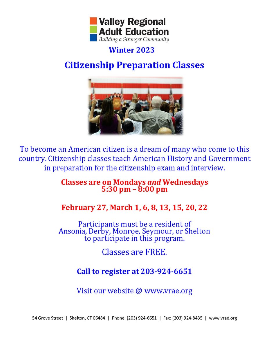 Citizenship classes start on February 27th, CALL NOW to register - 203.924.6651.  #citizenshiptest #adulteducation #valleyregionaladulteducation
#adulted #adulteducation #ct #connecticut #sheltonct #derbyct #ansoniact #seymourct #monroect #GreaterValleyCT #ESOL #esl