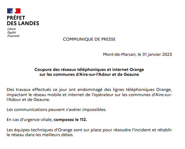 Prefecture40's tweet photo. 📣Coupure des réseaux téléphoniques et internet Orange sur les communes d’Aire-s/-l’Adour et Geaune
📲Les communications peuvent s’avérer impossibles
🔴En cas d’urgence vitale, composez le 112
🦺intervention en cours pour rétablir le réseau dans les meilleurs délais
Communiqué ⤵️ https://t.co/HZhEL2sSfu