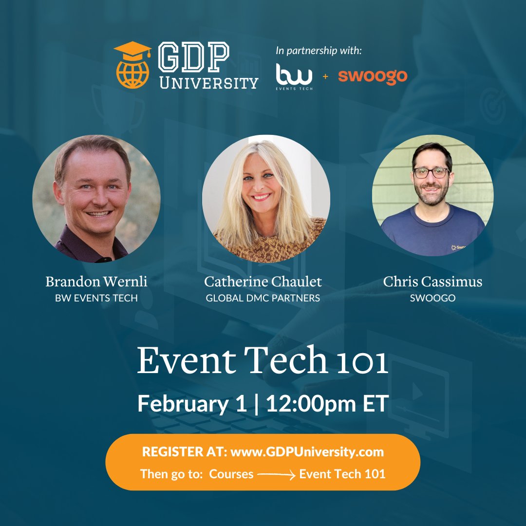 Let's talk tech! Join our next #GDPUniversity class, Event Tech 101, tomorrow at 12pm ET. We'll be joined by the experts at BW Events Tech and @Swoogo to help guide you through all the relevant event tech considerations. Register now at GDPUniversity.com.