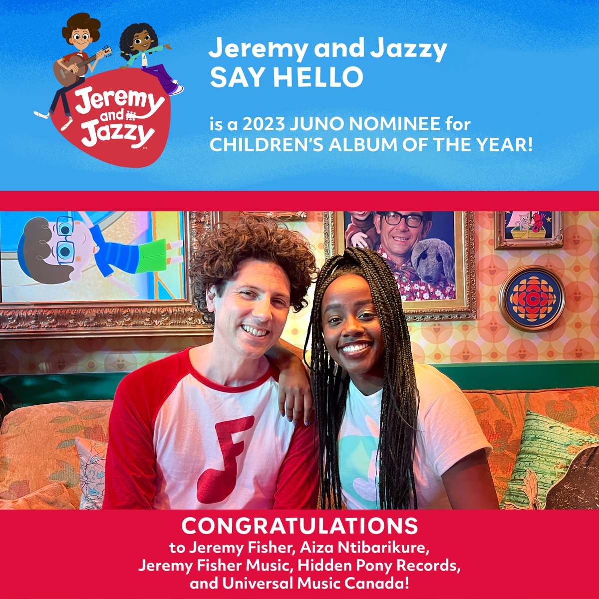 JeremyandJazzy's tweet photo. The whole team is celebrating our #junos nomination for Children's Album of the Year!

Congratulations to Jeremy Fisher and Aiza Ntibarikure, and to Jeremy Fisher Music, Hidden Pony Records and Universal Music Canada!

And good luck to all the nominees! https://t.co/XPSiYIdy7h