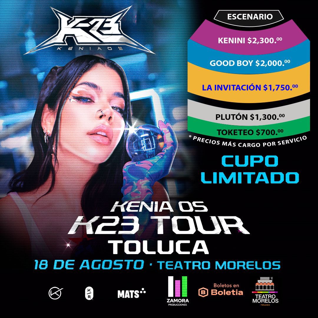 Keninis de Toluca 📣

Aquí les dejamos las zonas y los precios del concierto de Kenia Os

Salimos a la venta el día jueves 2 de febrero a partir de las 10 a.m. A través de <a href="/boletia/">Boletia</a> 🎟️

#KeniaOs #Keninis #K23Tour #ZamoraProducciones