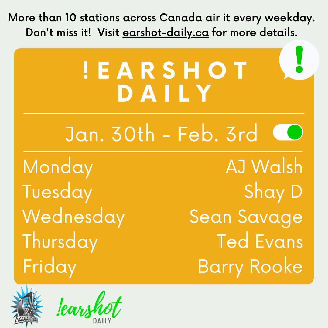 #earshotdaily plays songs from incredible artists like @TheAdamBrown, @HandmadeYYC, @Andy_Clockwork, @MaWayyOfficial, @nasmoremusic, @OurLadyPeace, @TreadingZero
and more! 🎵😄 Make sure you check out daily.ncra.ca to view the full lineup, a new tracklist every week!